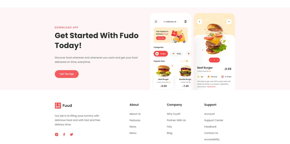 Download-the-app section and footer with links