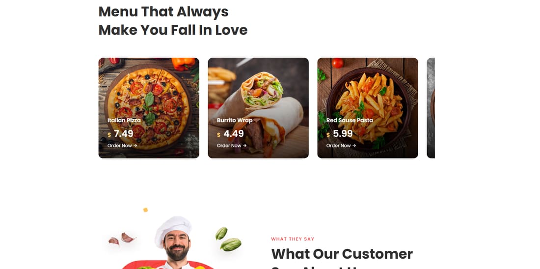 Menu: dishes with prices and Order Now buttons