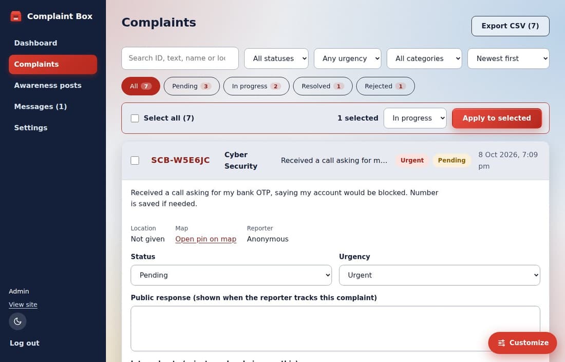 Admin complaints list with filters, bulk status updates and CSV export