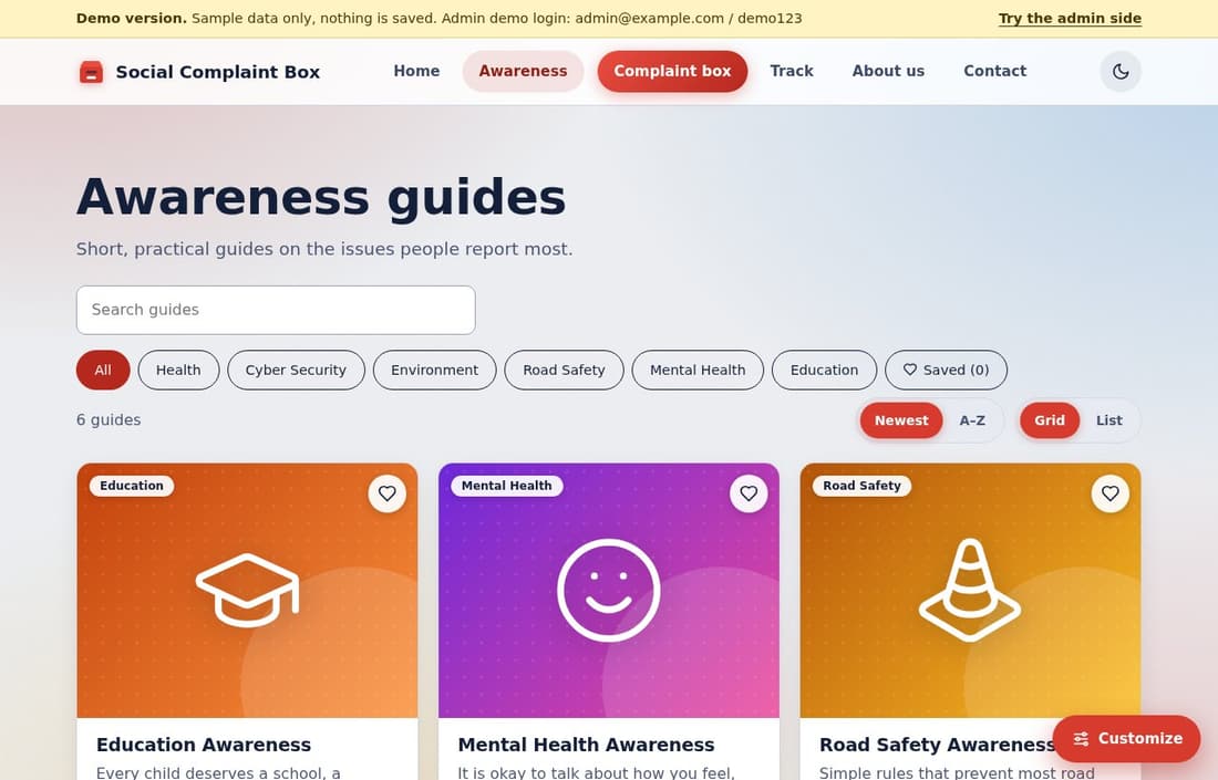 Awareness guides with search, category filters, saved guides and grid or list view