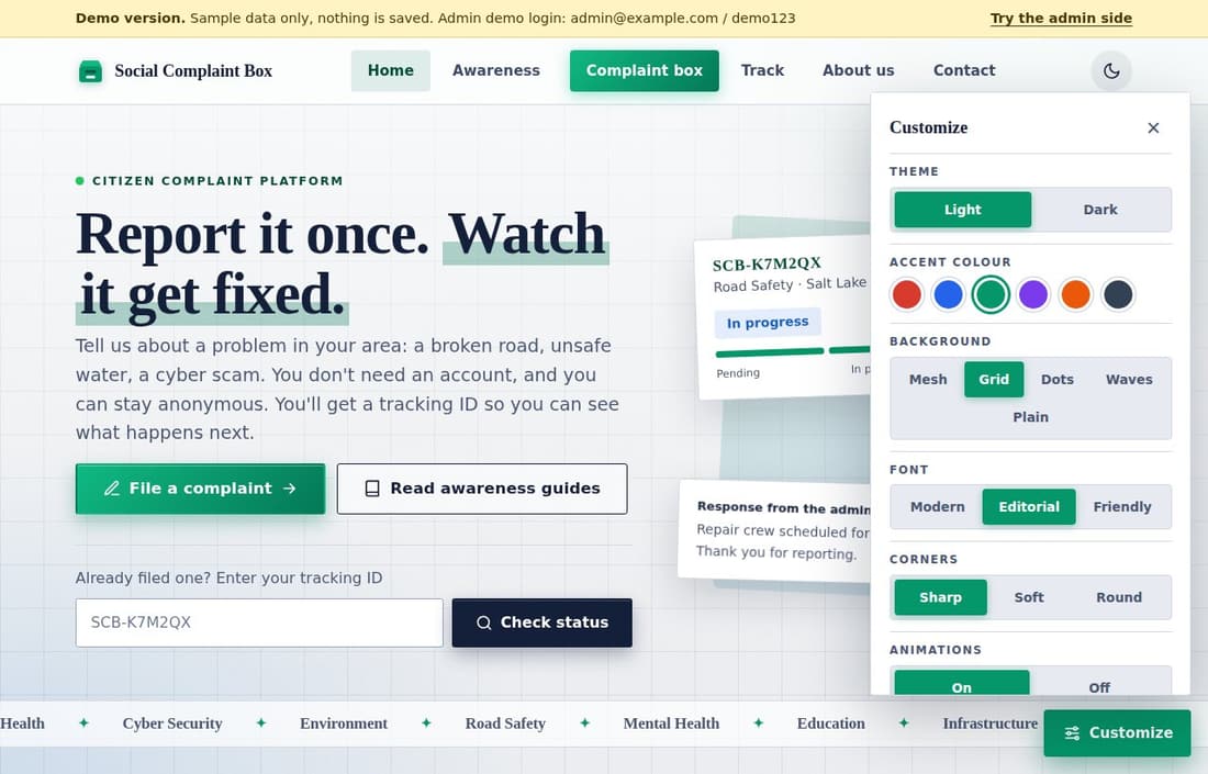 Customize panel: theme, accent colour, background, font, corners and animations