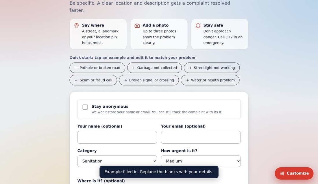 File a complaint with quick-start examples and an anonymous option